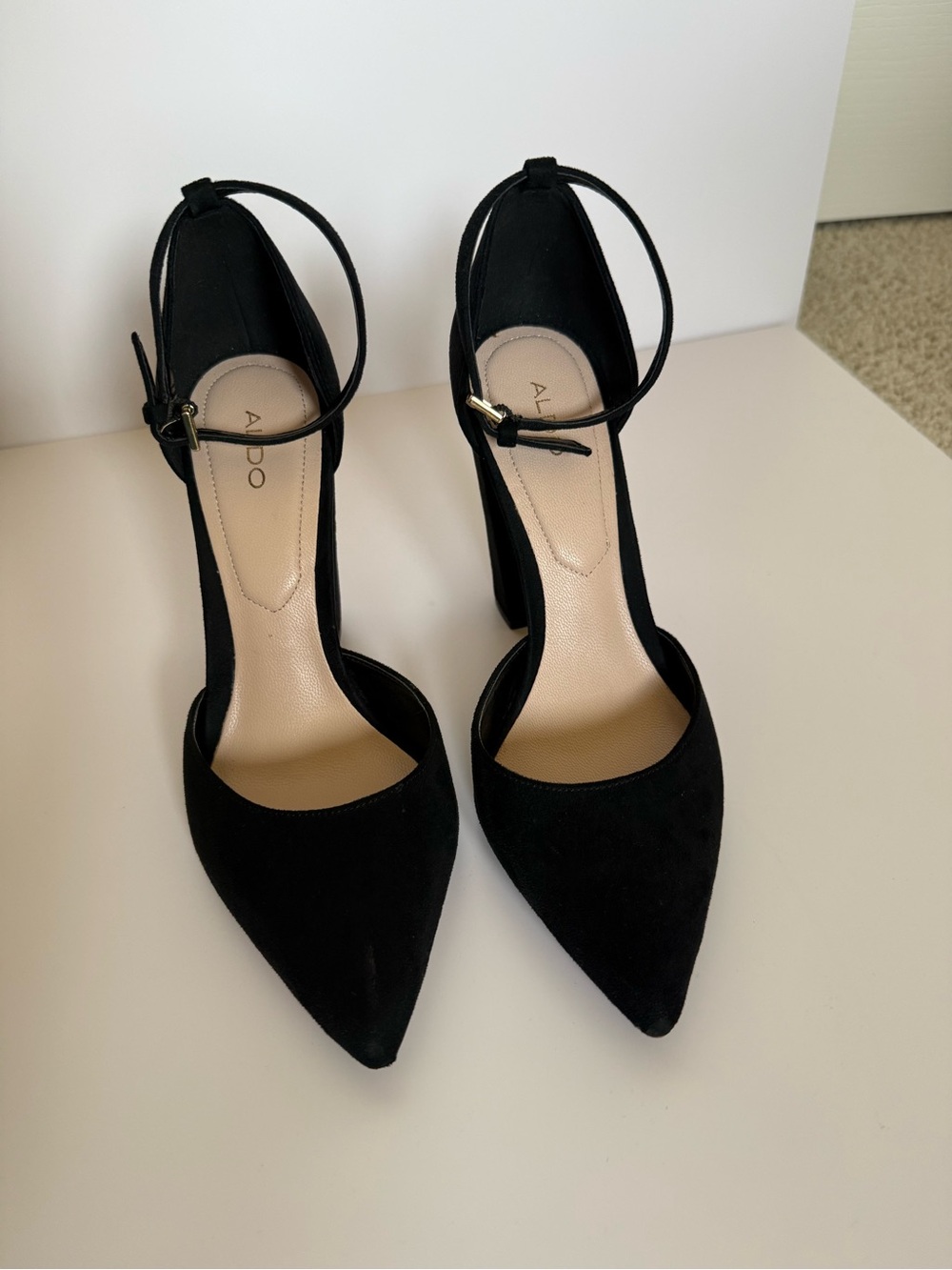 ALDO Black Suede Pointed-Toe Ankle-Strap Heels